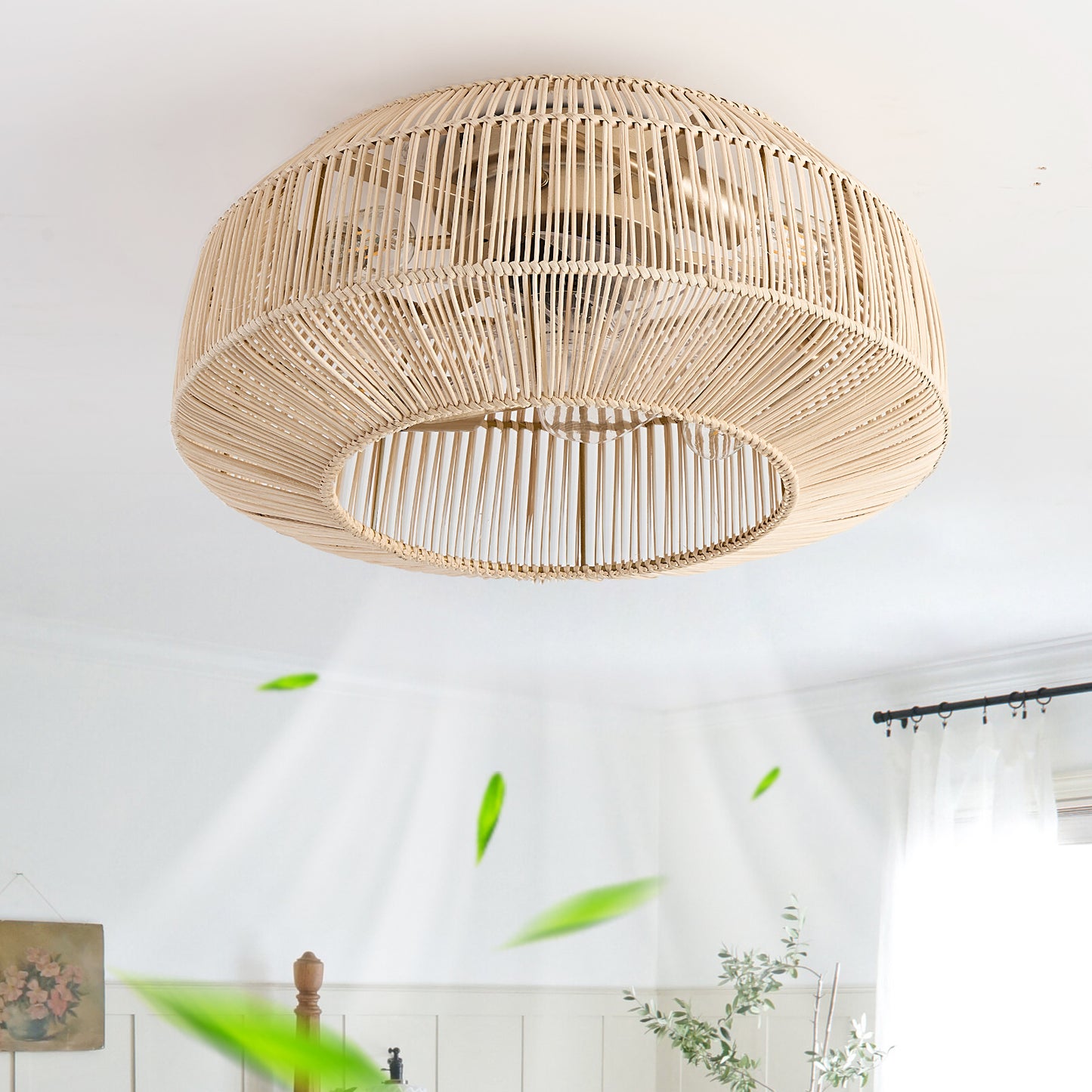 Boho Caged Ceiling Fan with Lights Flush Mount, Low Profile Rattan Ceiling Fans with Lights and Remote Control, Enclosed 6 Speeds for Bedroom, Living Room, Kitchen
