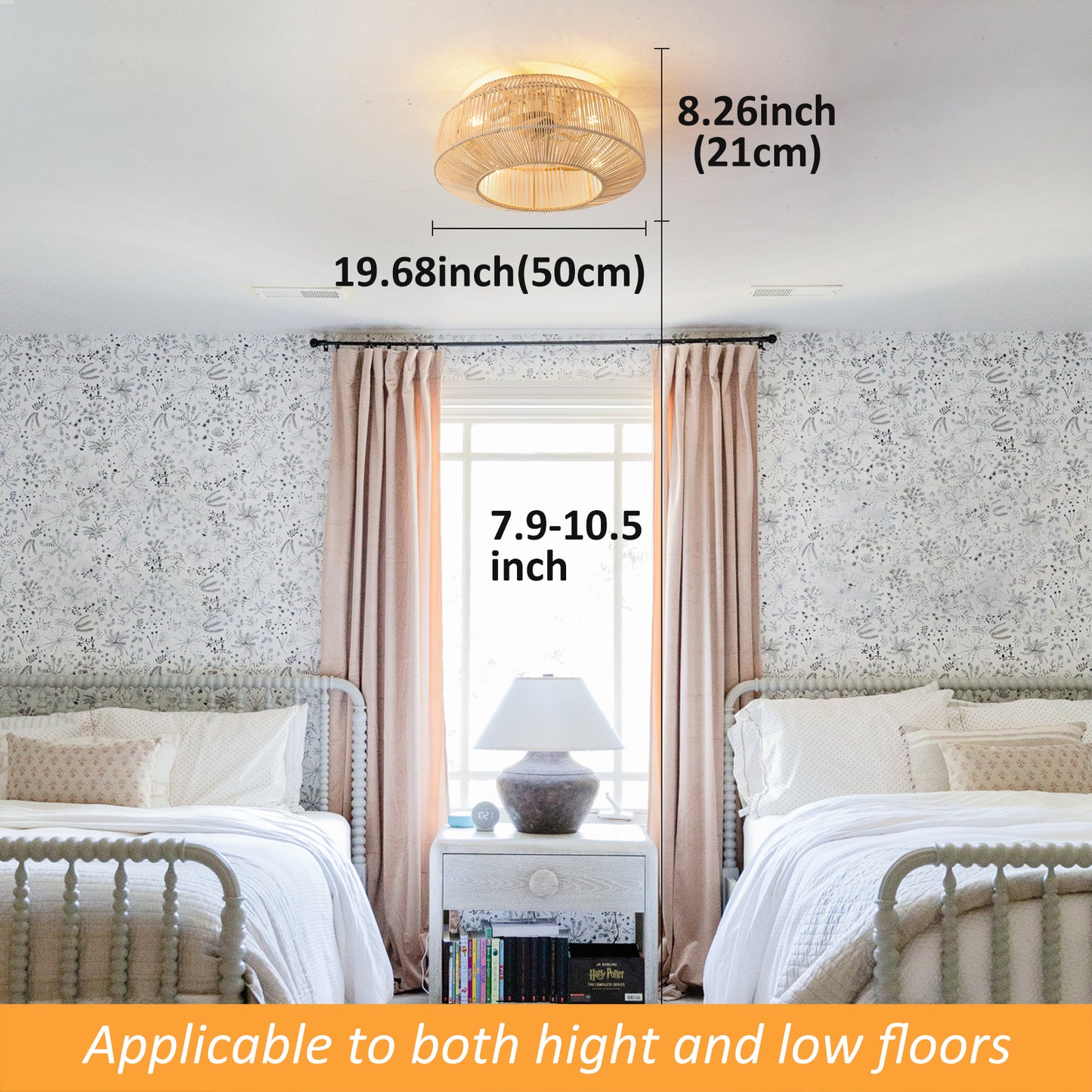 Boho Caged Ceiling Fan with Lights Flush Mount, Low Profile Rattan Ceiling Fans with Lights and Remote Control, Enclosed 6 Speeds for Bedroom, Living Room, Kitchen