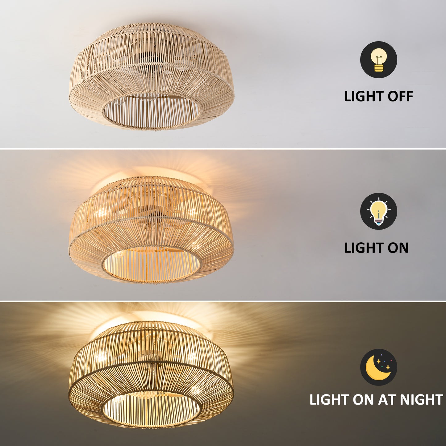 Boho Caged Ceiling Fan with Lights Flush Mount, Low Profile Rattan Ceiling Fans with Lights and Remote Control, Enclosed 6 Speeds for Bedroom, Living Room, Kitchen