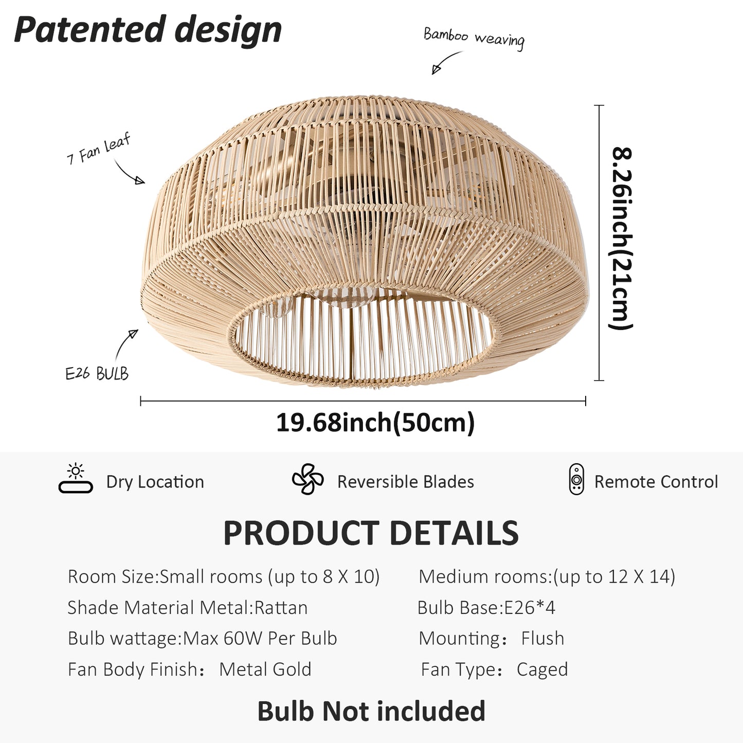 Boho Caged Ceiling Fan with Lights Flush Mount, Low Profile Rattan Ceiling Fans with Lights and Remote Control, Enclosed 6 Speeds for Bedroom, Living Room, Kitchen