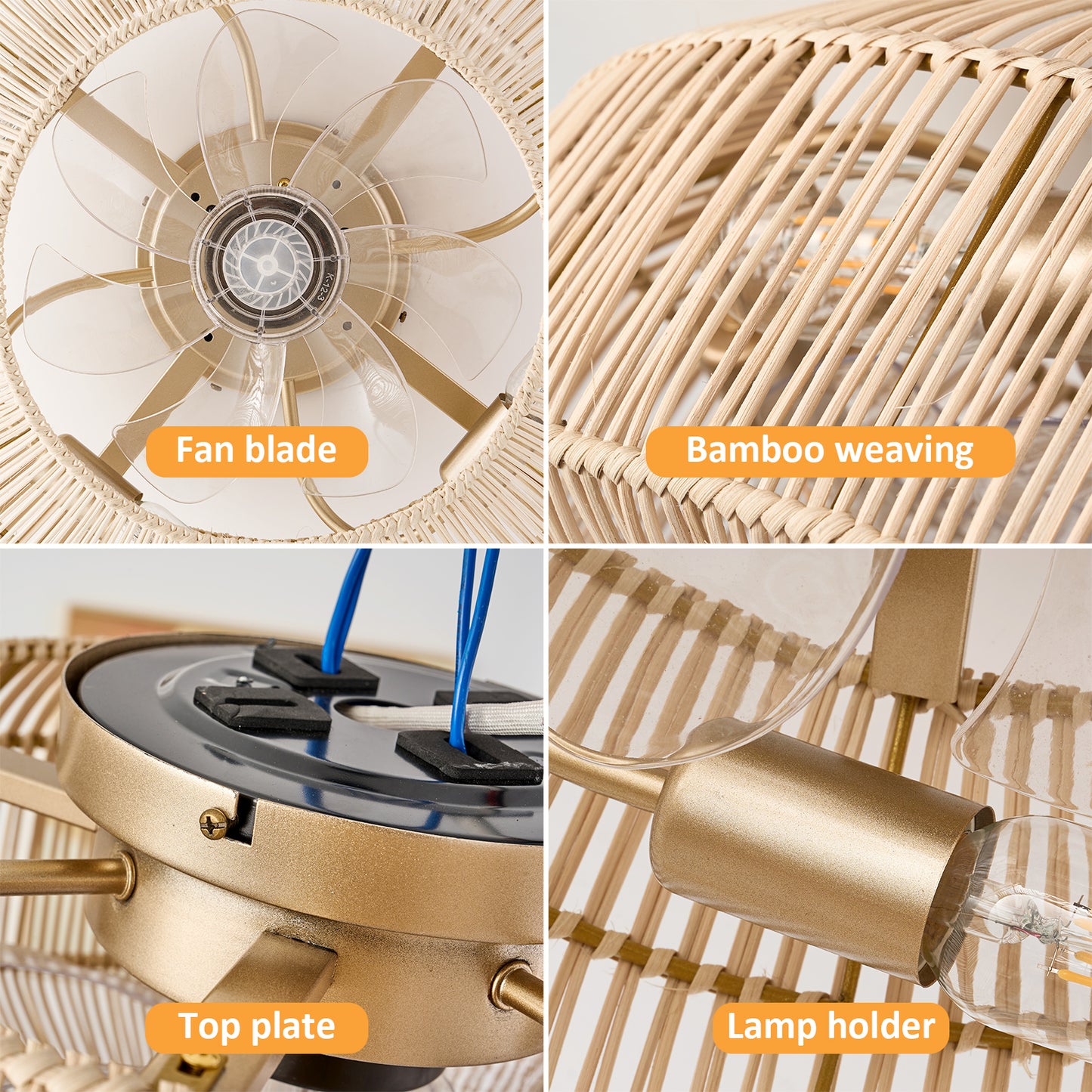 Boho Caged Ceiling Fan with Lights Flush Mount, Low Profile Rattan Ceiling Fans with Lights and Remote Control, Enclosed 6 Speeds for Bedroom, Living Room, Kitchen